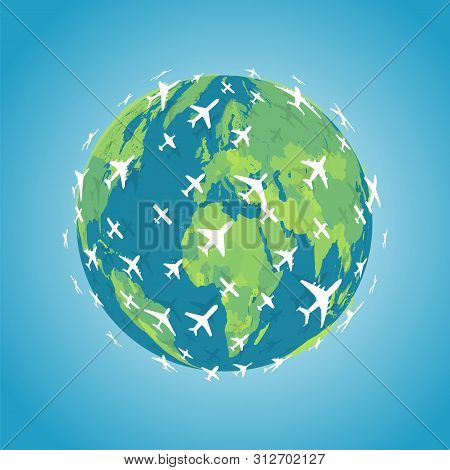 Many White Planes Flying In One Direction Around Earth. Intercontinental Flight Of Planes Icon. Arou