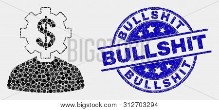 Pixelated Banker Gear Person Mosaic Icon And Bullshit Seal Stamp. Blue Vector Rounded Distress Seal 