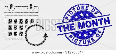 Pixelated Calendar Rollback Mosaic Icon And Picture Of The Month Stamp. Blue Vector Rounded Distress