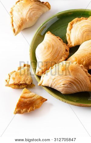 South East Asia Origin Food Concept Homemade Chicken Curry Puffs On White Background With Copy Space