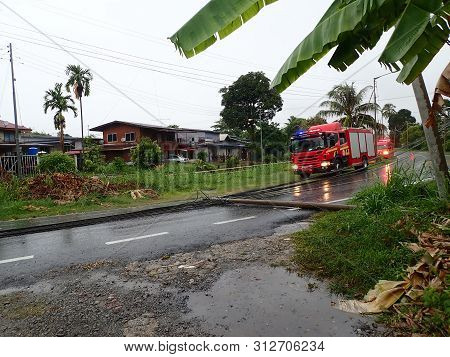 The Fallen And Crash Electric Pole After A Strong Thunderstorm And Heavy Rain In Penampang, Kota Kin