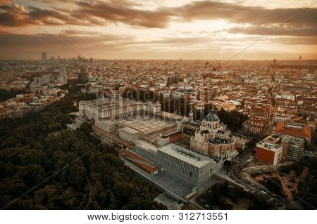 Royal Palace aerial view at sunrise in Madrid, Spain.