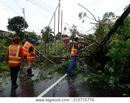 Penampang, Sabah / Malaysia - 07/22/2019: The Fallen And Crash Electric Pole After A Strong Thunders