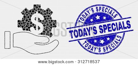 Dot Financial Service Offer Hand Mosaic Icon And Today's Specials Seal. Blue Vector Round Textured S