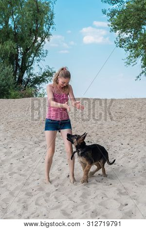 Happy German Shepherd Puppy And Beautiful Blonde Girl Have Fun Running On The Beach And Playing On T
