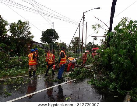Penampang, Sabah / Malaysia - 07/22/2019: The Fallen And Crash Electric Pole After A Strong Thunders