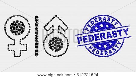 Dotted Gender Symbols Mosaic Icon And Pederasty Seal Stamp. Blue Vector Rounded Grunge Seal With Ped