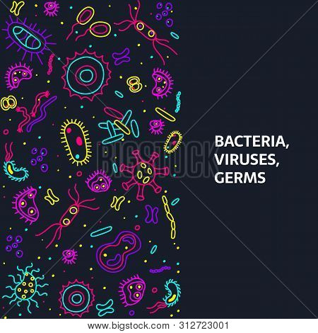 Bactria, Viruses And Germs Vector Colorful Banner. Collection Of Various Microorganisms, Fungi, Prot