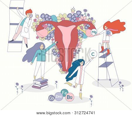 Healthy Female Reproductive System Vector With Flowers On The Background. Four Doctors And Nurses Lo