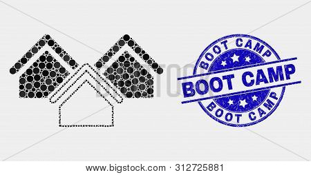 Pixel Houses Mosaic Icon And Boot Camp Seal Stamp. Blue Vector Rounded Distress Seal Stamp With Boot