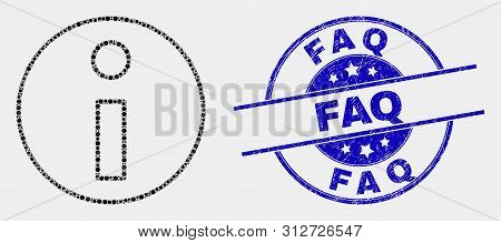 Dotted Information Mosaic Pictogram And Faq Stamp. Blue Vector Rounded Scratched Seal With Faq Title
