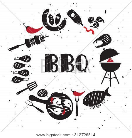Set Of Grill & Barbecue Elements. Bbq Food Menu Hand Drawn Vector Illustration Concept. Grill And Ba