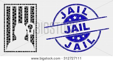 Pixel Jailed Person Mosaic Icon And Jail Seal Stamp. Blue Vector Rounded Grunge Seal With Jail Messa