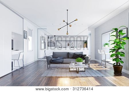 modern home  interior with table in the window. 3d rendering design concept