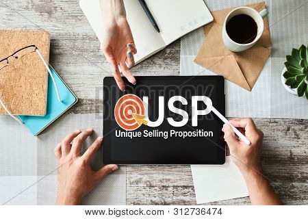 Usp - Unique Selling Propositions. Business And Finance Concept On Device Screen.