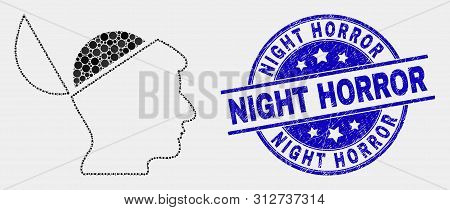 Pixelated Open Mind Mosaic Icon And Night Horror Seal. Blue Vector Round Scratched Seal Stamp With N