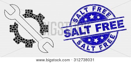 Pixelated Options Tools Mosaic Pictogram And Salt Free Seal Stamp. Blue Vector Round Scratched Stamp