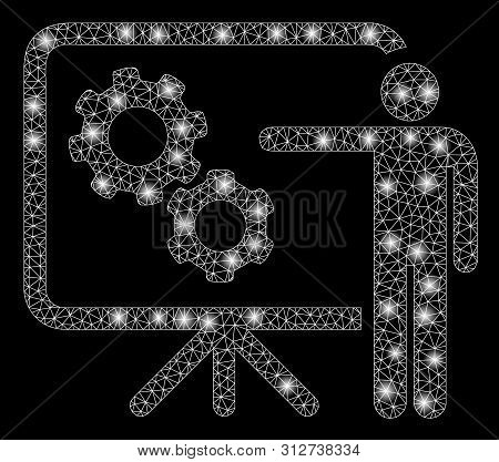 Glowing Mesh Mechanical Gears Project Board With Glare Effect. Abstract Illuminated Model Of Mechani