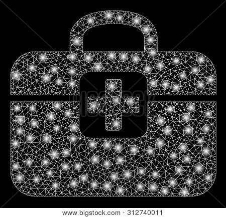 Glossy Mesh Medkit With Glare Effect. Abstract Illuminated Model Of Medkit Icon. Shiny Wire Carcass 