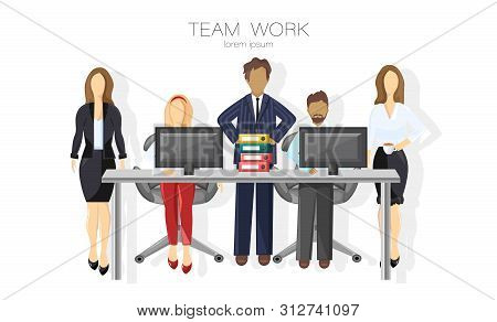 Team Working Vector Flat Style. Brain Storming Group. Coworking Spaces