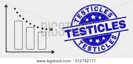 Pixel Recession Bar Chart Mosaic Icon And Testicles Stamp. Blue Vector Round Scratched Stamp With Te
