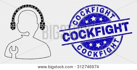 Dot Service Operator Mosaic Pictogram And Cockfight Seal Stamp. Blue Vector Round Textured Seal With