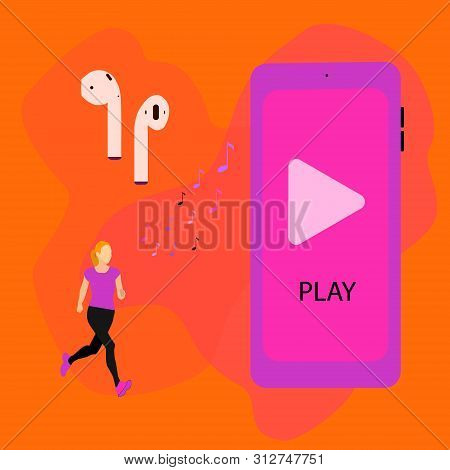 Girl Runs And Listens Podcasts. Wireless Ear Phones And Music Notes In Concept Illustration Of Podca