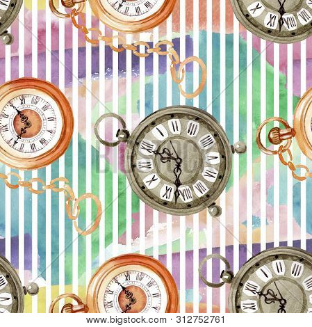 Vintage Old Clock Pocket Watch. Watercolor Background Illustration Set. Seamless Background Pattern.