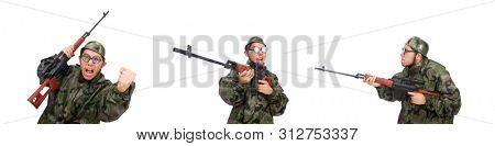 Military man with a gun isolated on white