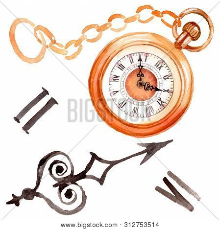 Vintage Old Clock Pocket Watch. Watercolor Background Illustration Set. Isolated Clocks Illustration