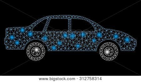 Glossy Mesh Sedan Car With Glitter Effect. Abstract Illuminated Model Of Sedan Car Icon. Shiny Wire 