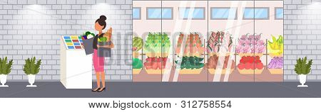 Woman Holding Grocery Bags Housewife Standing At Self-service Cash Register Shopping Concept Modern 