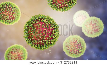 Measles Viruses. 3d Illustration Showing Structure Of Measles Virus With Surface Glycoprotein Spikes