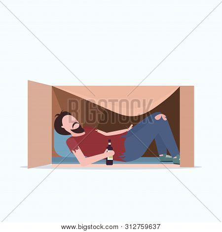 Poor Man Sleeping Outdoor Drunk Beggar Lying In Cardboard Box With Bottle Of Alcohol Homeless Jobles