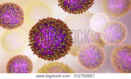 Measles Viruses. 3d Illustration Showing Structure Of Measles Virus With Surface Glycoprotein Spikes
