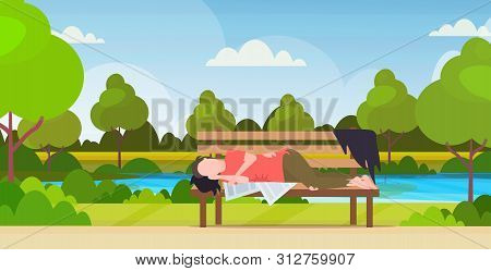 Poor Man Sleeping Outdoor Drunk Beggar Lying On Wooden Bench Homeless Jobless Concept Urban Park Lan