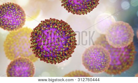 Measles Viruses. 3d Illustration Showing Structure Of Measles Virus With Surface Glycoprotein Spikes