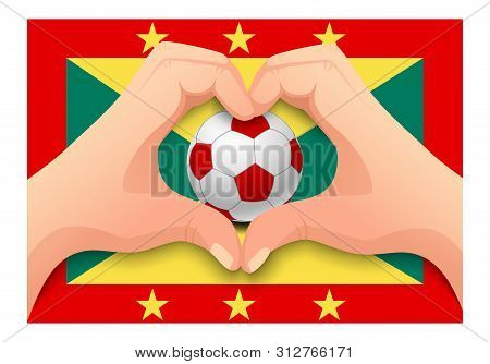 Grenada Flag And Hand Heart Shape. National Football Background. Soccer Ball With Flag Of Grenada Il