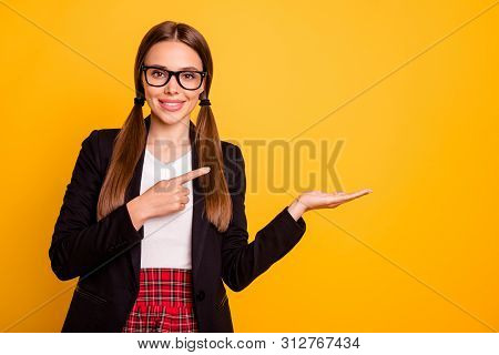 Portrait Attractive Nice Teenager Product Promoter Suggest Pick Eyewear Eyeglasses White Red Outfit 