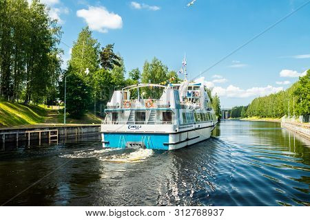 Lappeenranta, Finland - June 20, 2019: Cruise Ship In Saimaa Canal, Beautiful Summer View
