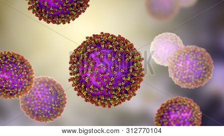 Measles Viruses. 3d Illustration Showing Structure Of Measles Virus With Surface Glycoprotein Spikes