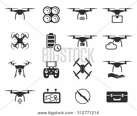 Drones Black Icon Set, Helicopter Technology And Aircraft