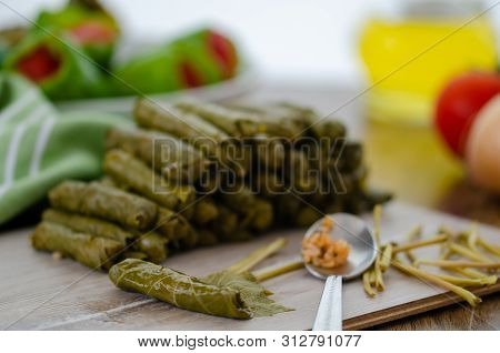 Traditional Turkish Food. Grape Leaves Are Filling With Spices And Rice.