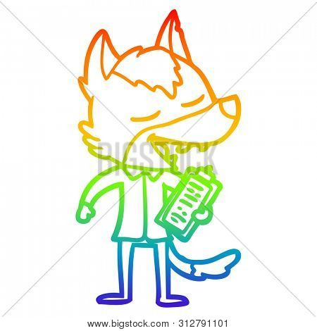 rainbow gradient line drawing of a cartoon saleman wolf laughing