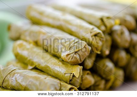 Stuffed Grape Leaves Filled With Rice In The Kitchen.shallow Dof
