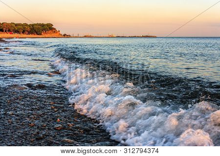 Beautiful Scenic Landscape Of Stony Beach At Rocky Black Sea Coast. Wave Breaking On Seashore. Summe