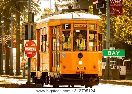 San Francisco, California - October 05 2017: Trolley 1856, An Orange Peter Witt Streetcar Operating 