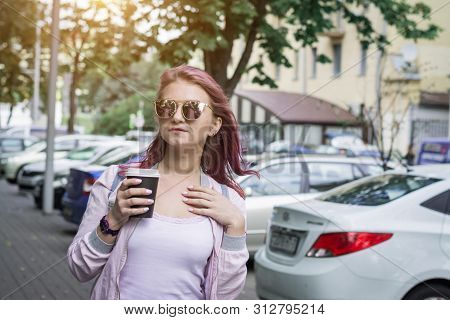 Natural Beauty Pretty Woman Sips On Coffee Or Tea From Blank White Mockup Take Away To Go Cup, Hipst