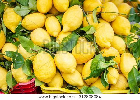 Wicker Basket Full Of Lemons On The Italian Street Od Corniglia