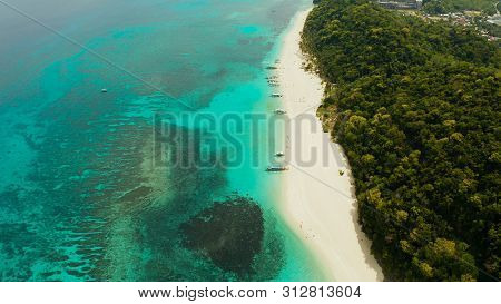 Sandy Beach And Turquoise Water In The Tropical Resort Of Boracay, Puka Shell Beach, Philippines Aer